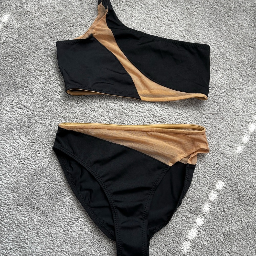Norma Kamali Black and Gold One-Shoulder Bikini